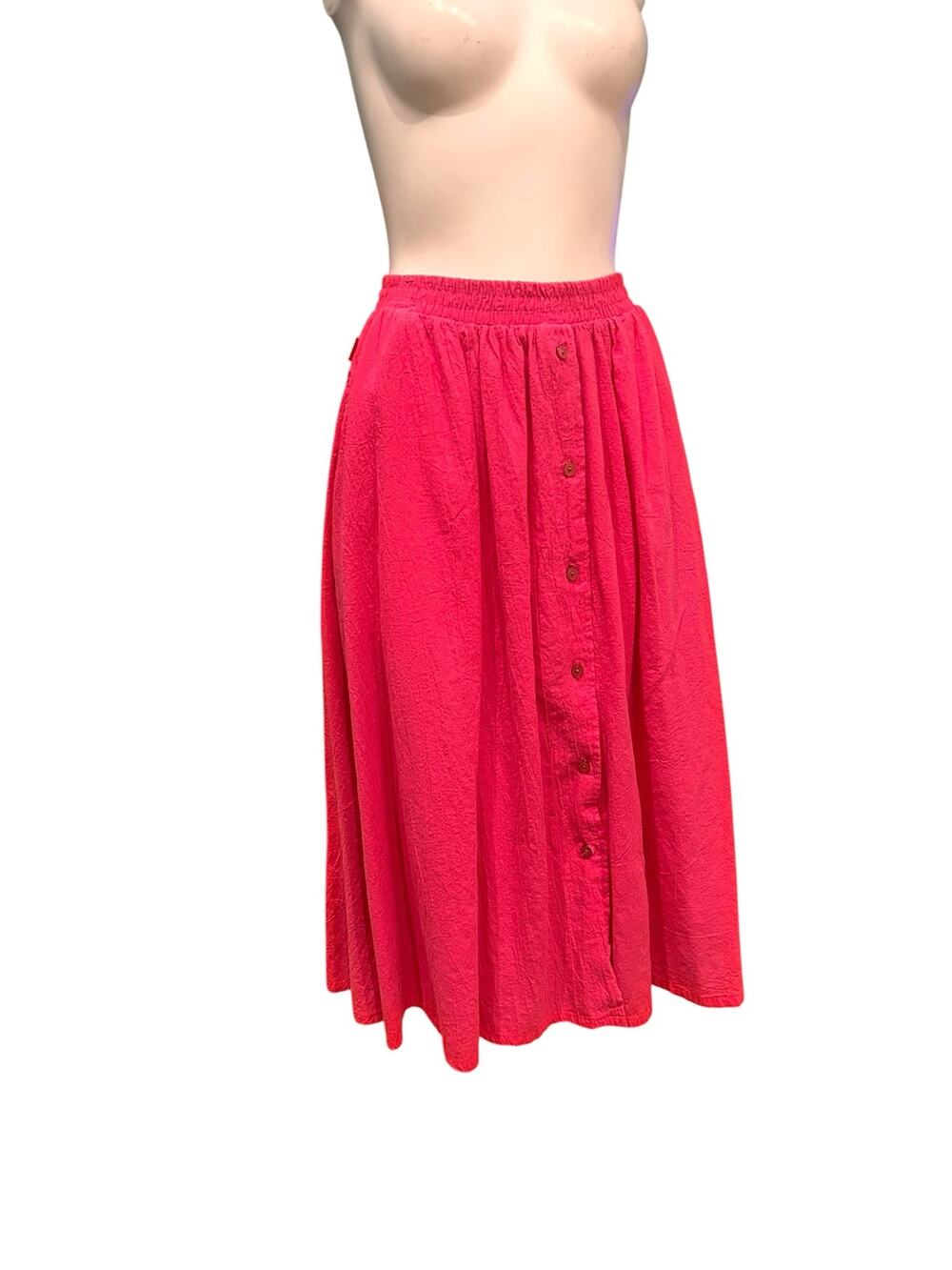 Vintage 80s Hang Ten Pink Cotton Button Front Midi Skirt Elastic Waist USA M -